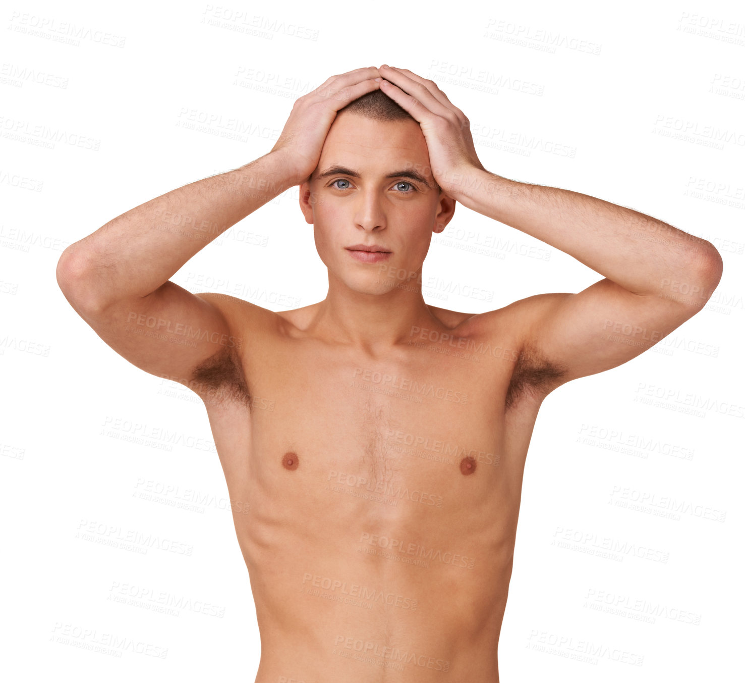 Buy stock photo Portrait, shirtless and masculine with a young man in studio isolated on a white background for health or wellness. Fitness, body and hygiene with a confident person standing topless for grooming