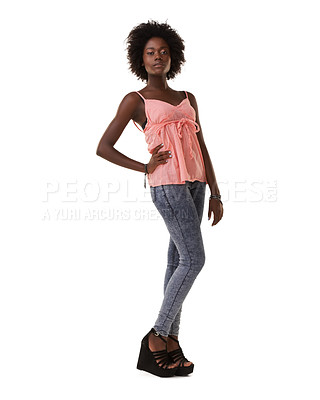 Buy stock photo Fashion, stylish and portrait of a black woman with confidence on a white background in studio. Trendy, fashionable and clothing of a young African model with an elegant pose and attitude in Nigeria