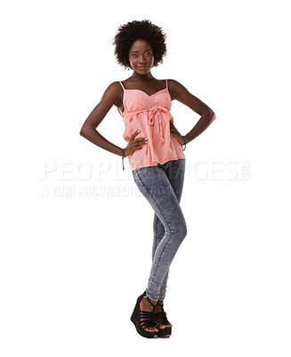 Buy stock photo Fashion, stylish and portrait of a black woman with an afro on a white background in studio. Trendy, fashionable and full body of a young African designer clothing model with an elegant pose