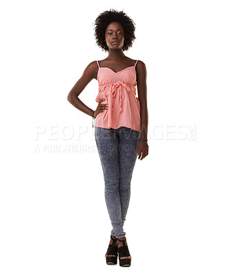 Buy stock photo Portrait, fashion and a black woman in studio on a white background with her hand on her hip in confidence. Clothes, trendy and confident with a young african american female posing for style