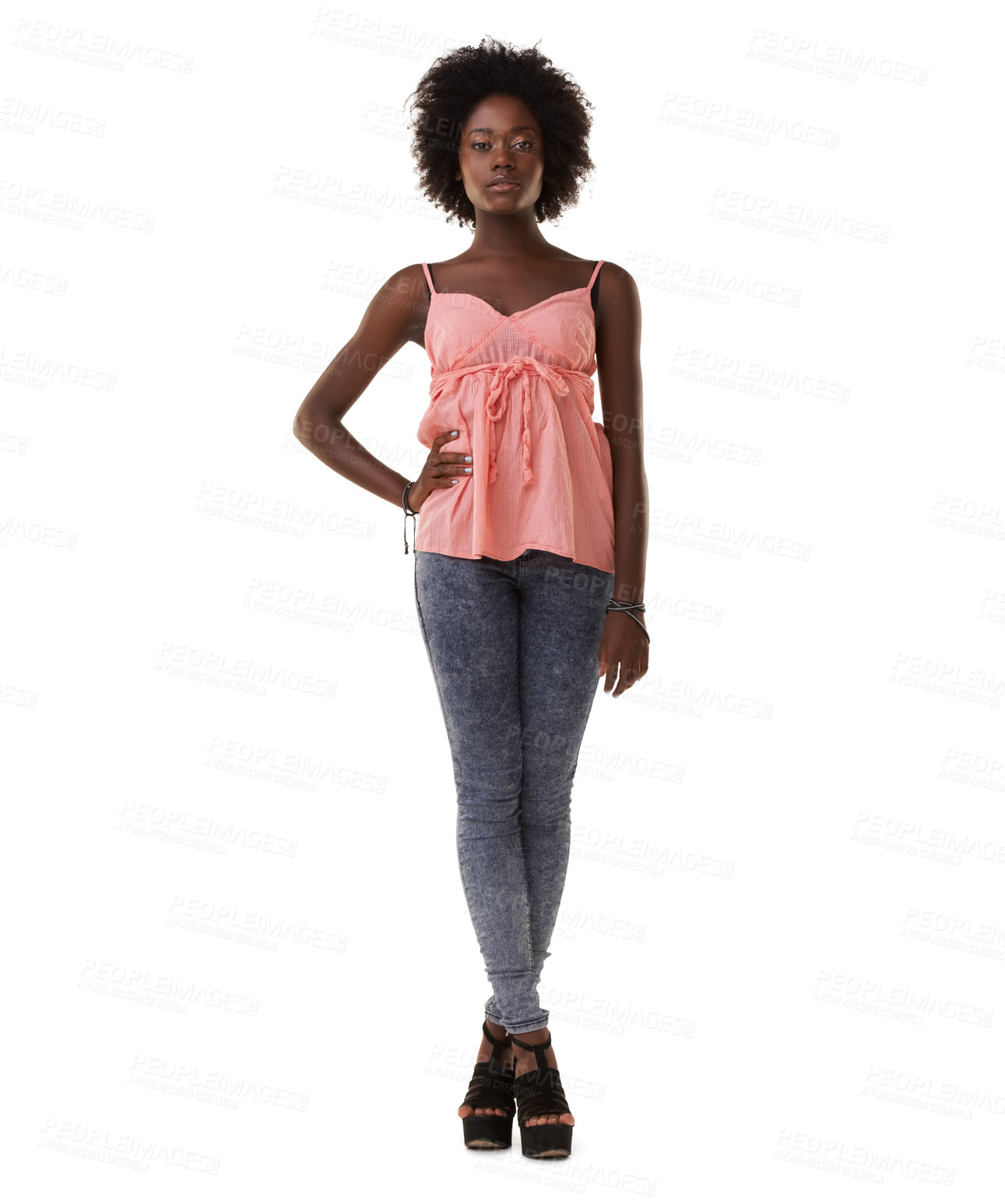 Buy stock photo Portrait, fashion and a black woman in studio on a white background with her hand on her hip in confidence. Clothes, trendy and confident with a young african american female posing for style
