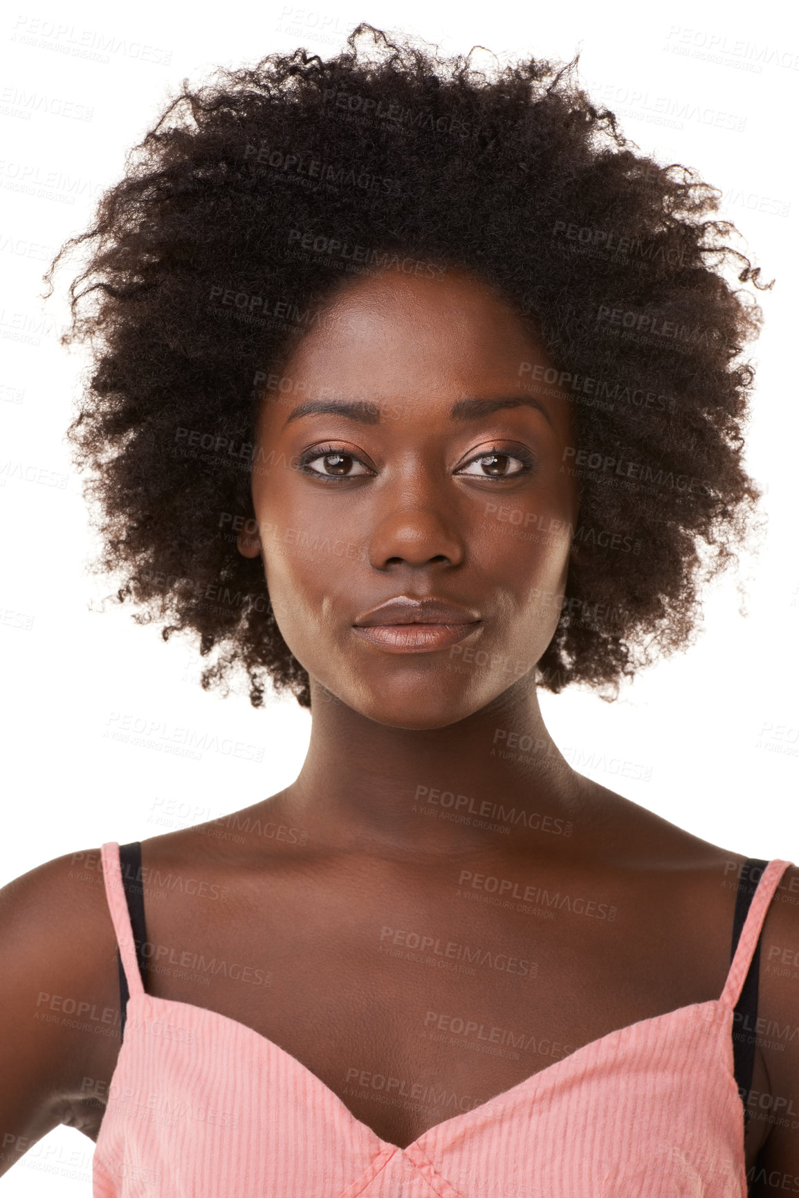 Buy stock photo Face portrait, beauty and hair care of black woman in studio on a white background. Skincare cosmetics, makeup and young female model with beautiful afro hairstyle after salon treatment for growth.