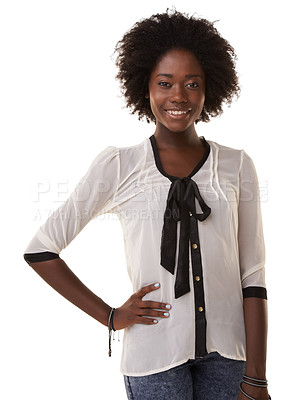 Buy stock photo Portrait, fashion and afro with a black woman in studio isolated on a white background while standing hand on hip. Model, style and african with an attractive young female in contemporary clothes