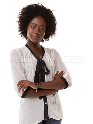 Buy stock photo Portrait, fashion and confidence with a black woman standing arms crossed in studio on a white background. Style, vision and mindset with an attractive young female posing while feeling confident