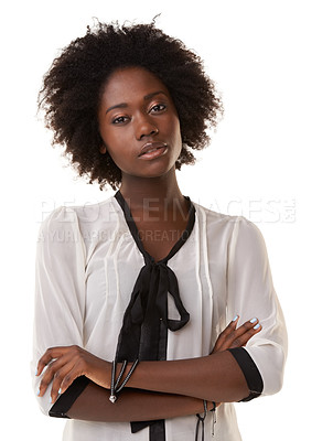 Buy stock photo Black woman, studio portrait and arms crossed with focus, serious and beauty by white background. Isolated woman, african and face for clothes, fashion and aesthetic with vision, beautiful and pride