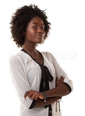 Buy stock photo Black woman, happy and model portrait of a person with arms folded feeling confident. White background, vertical and isolated woman with natural afro hair and business casual fashion with mockup  
