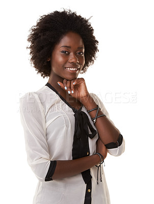 Buy stock photo Portrait, fashion and thinking with a model black woman in studio on a white background with her hand on chin. Face, style and smile with a happy young female posing with an idea for contemplation