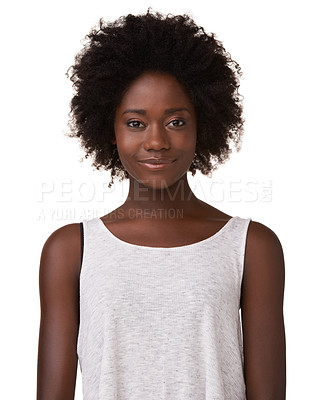 Buy stock photo Black woman afro, portrait smile and standing while looking happy against a white studio background. Isolated African American female model smiling with curly hair for profile, pose or expression