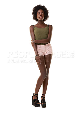 Buy stock photo Fashion, style and portrait of a casual black woman in studio with a trendy, edgy and cool outfit. Beauty, young and model from South Africa with stylish clothes while isolated by white background.