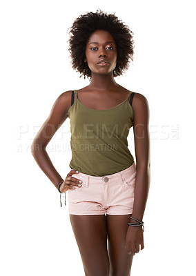 Buy stock photo Fashion, beauty and portrait of black woman in studio on white background with trendy, stylish and casual clothes. Summer style, fashion model and female from Jamaica with confidence, pose and youth