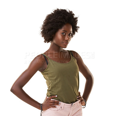 Buy stock photo Fashion, beauty and portrait of black woman on a white background with confidence, elegant and attitude. Urban clothes, fashion model and Jamaican girl in studio with trendy, casual and summer style