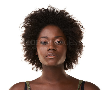 Buy stock photo Portrait, face and beauty with a model black woman in studio on a white background for natural haircare. Facial, cosmetics and hair with an afro attractive young female posing alone in Jamaica