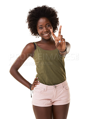 Buy stock photo Portrait, fashion and black woman with peace sign in studio isolated on a white background. Natural cosmetics, beauty and happy, cool and stylish young female model with hand gesture, symbol or emoji
