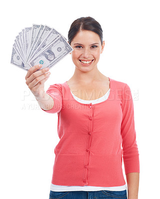 Buy stock photo Finance, money and winner with portrait of woman for investment, success and growth. Cash, dollar and happy face of girl customer isolated on white background for financial, deal and promotion