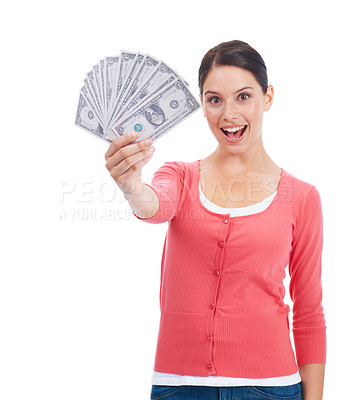 Buy stock photo Wow, money and winner with portrait of woman for investment, success and growth. Cash, dollar and finance with face of girl customer isolated on white background for financial, deal and promotion
