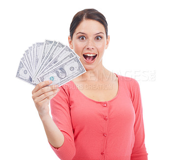 Buy stock photo Wow, cash and finance with portrait of woman for investment, success and growth. Money, dollar and wow with face of girl customer isolated on white background for financial, deal and promotion
