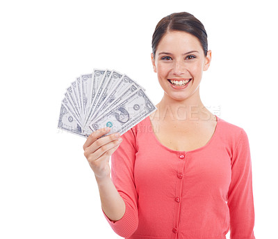 Buy stock photo Finance, money and success with portrait of woman in studio mockup for investment, winner and growth. Cash, dollar and wow with customer isolated on white background for financial, deal and promotion