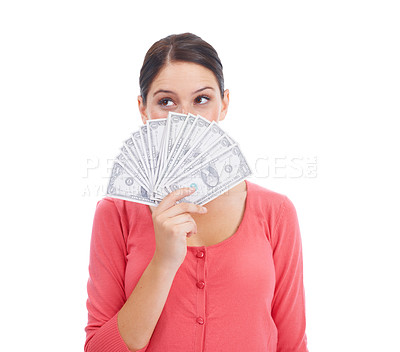 Buy stock photo Growth, finance and success with woman and money for investment, winner and economy. Cash, dollar and wow with face of girl customer isolated on white background for financial, deal and promotion