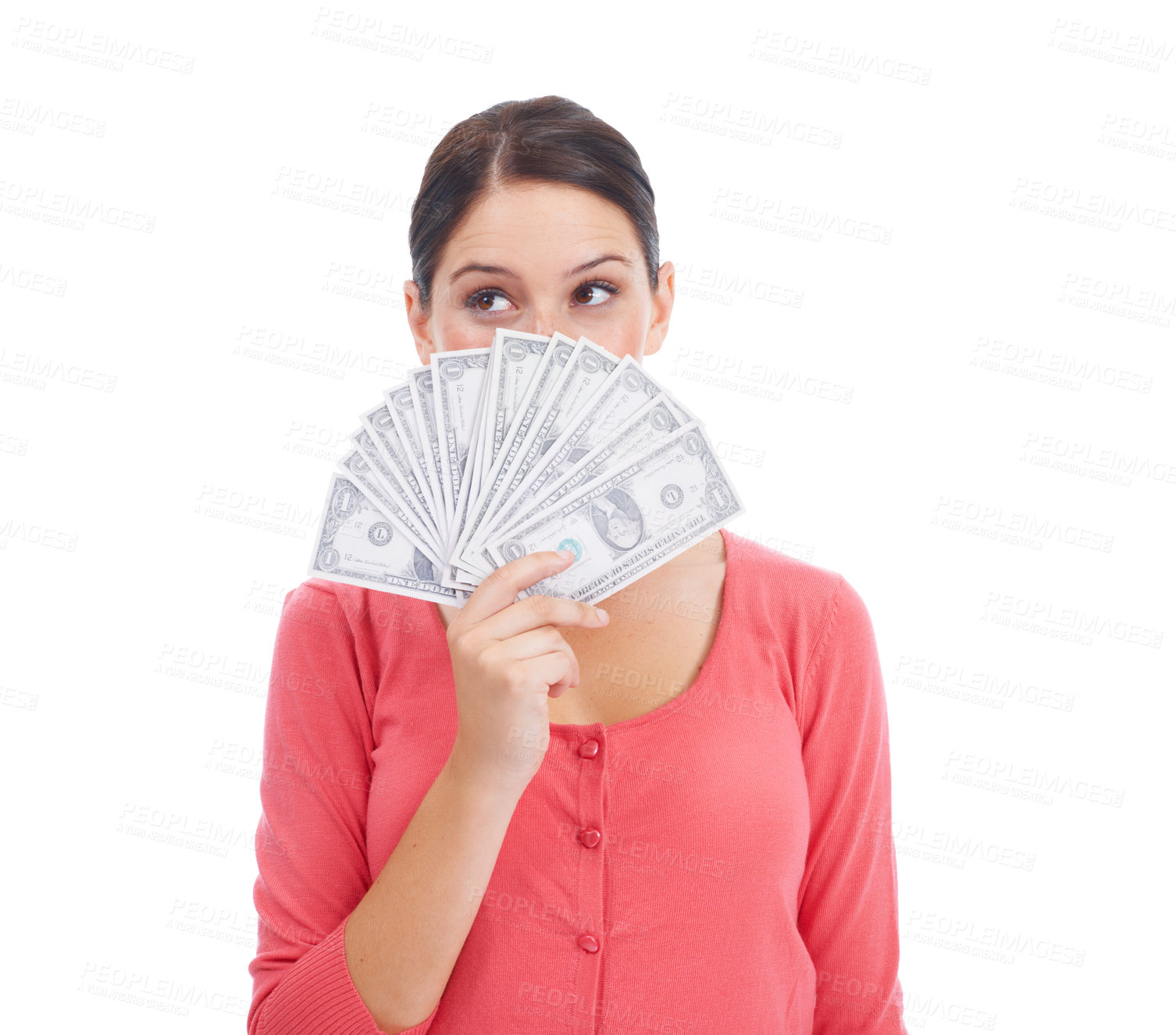 Buy stock photo Growth, finance and success with woman and money for investment, winner and economy. Cash, dollar and wow with face of girl customer isolated on white background for financial, deal and promotion