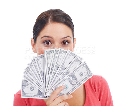 Buy stock photo Finance, money and winner with portrait of woman for investment and success in studio. Cash, dollar and wow with face of girl customer isolated on white background for financial, deal and promotion