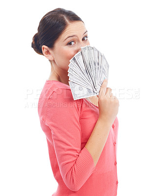 Buy stock photo Finance, money and winner with portrait of woman in studio for investment, success and growth. Cash, dollar and wow with girl customer isolated on white background for financial, deal and promotion