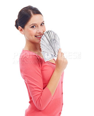 Buy stock photo Happy, money and finance with portrait of woman for investment, success and growth. Cash, dollar and wow with face of girl customer isolated on white background for financial, deal and promotion