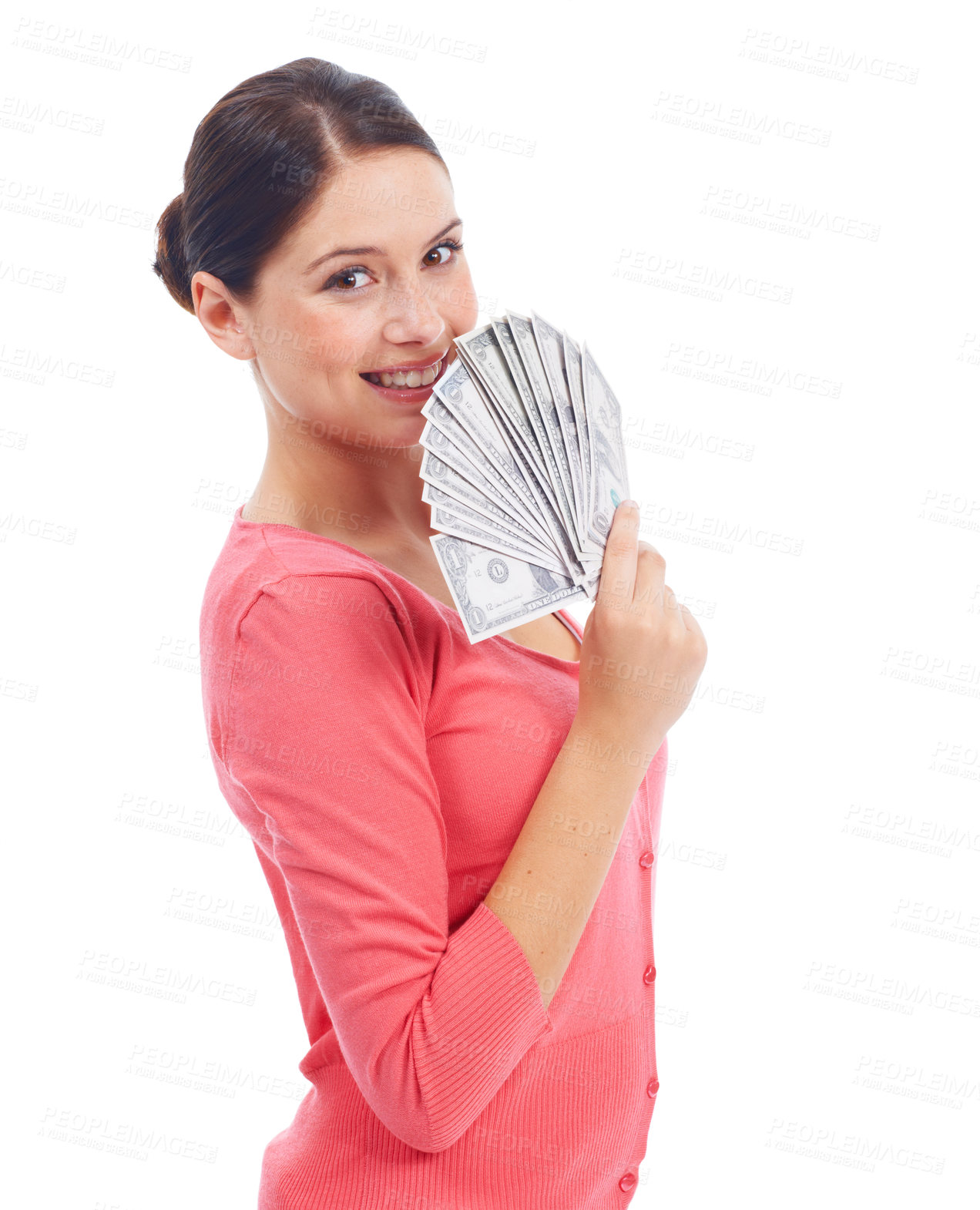 Buy stock photo Happy, money and finance with portrait of woman for investment, success and growth. Cash, dollar and wow with face of girl customer isolated on white background for financial, deal and promotion