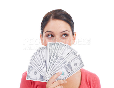 Buy stock photo Thinking, winner and woman with money fan for investment, success and cashback growth. Cash, dollar and ideas for finance customer on isolated white background for financial deal and promotion
