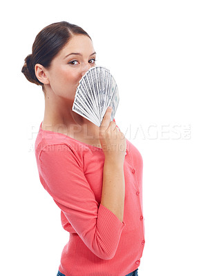 Buy stock photo Winner, money and cashback with portrait of woman and mockup for investment, success and growth. Cash, dollar and excited girl customer isolated on white background for financial, deal and promotion