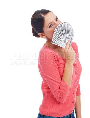 Buy stock photo Money, finance and portrait of woman in studio mockup for investment, success and growth. Cash, dollar and winner with girl customer isolated on white background for financial, deal and promotion