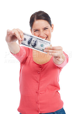 Buy stock photo Finance, money and excited with portrait of woman for investment, success and growth. Cash, dollar and winner with face of girl customer isolated on white background for financial, deal and promotion