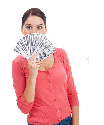 Buy stock photo Cash, happy and success with portrait of woman and mockup for investment, winner and growth. Money, dollar and wow with girl customer isolated on white background for financial, deal and promotion