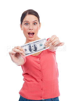 Buy stock photo Winner, wow and money with portrait of woman for investment, success and growth. Cash, dollar and sale with face of girl customer isolated on white background for financial, deal and promotion