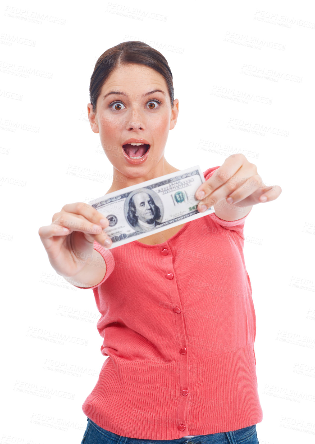 Buy stock photo Winner, wow and money with portrait of woman for investment, success and growth. Cash, dollar and sale with face of girl customer isolated on white background for financial, deal and promotion