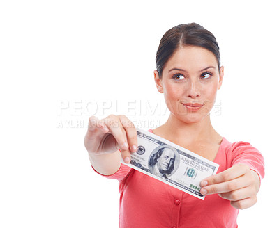 Buy stock photo Thinking woman, money and dollar isolated on white background with mockup for investment, success and growth. Cash, dollar and hmm with curious customer in studio for financial, deal and promotion