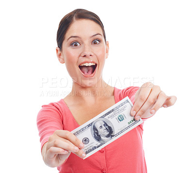 Buy stock photo Excited young woman showing you a single note of money