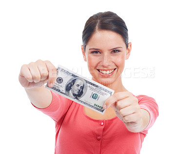 Buy stock photo Finance, money and winner with portrait of woman for investment, success and growth. Cash, dollar and happy with face of girl customer isolated on white background for financial, deal and promotion