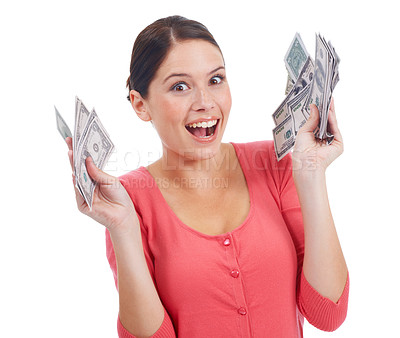 Buy stock photo Sale, money and winner with portrait of woman for investment and success in studio. Cash, dollar and wow with face of girl customer isolated on white background for financial, deal and promotion