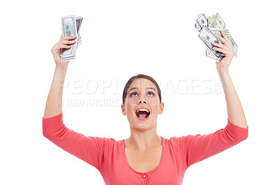 Buy stock photo Studio money, celebration and woman excited for lottery win, competition prize or cash dollar award. Finance trading, payment or winner of poker, bingo or casino gambling isolated on white background