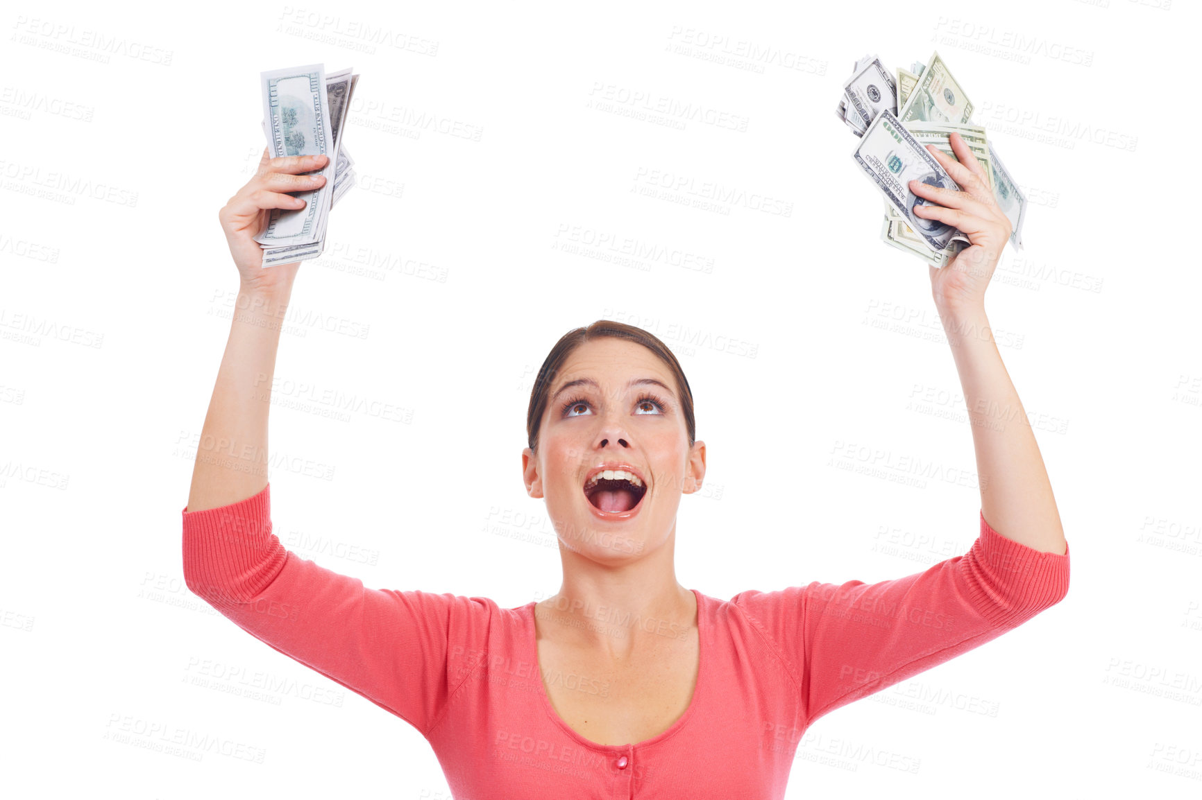 Buy stock photo Studio money, celebration and woman excited for lottery win, competition prize or cash dollar award. Finance trading, payment or winner of poker, bingo or casino gambling isolated on white background