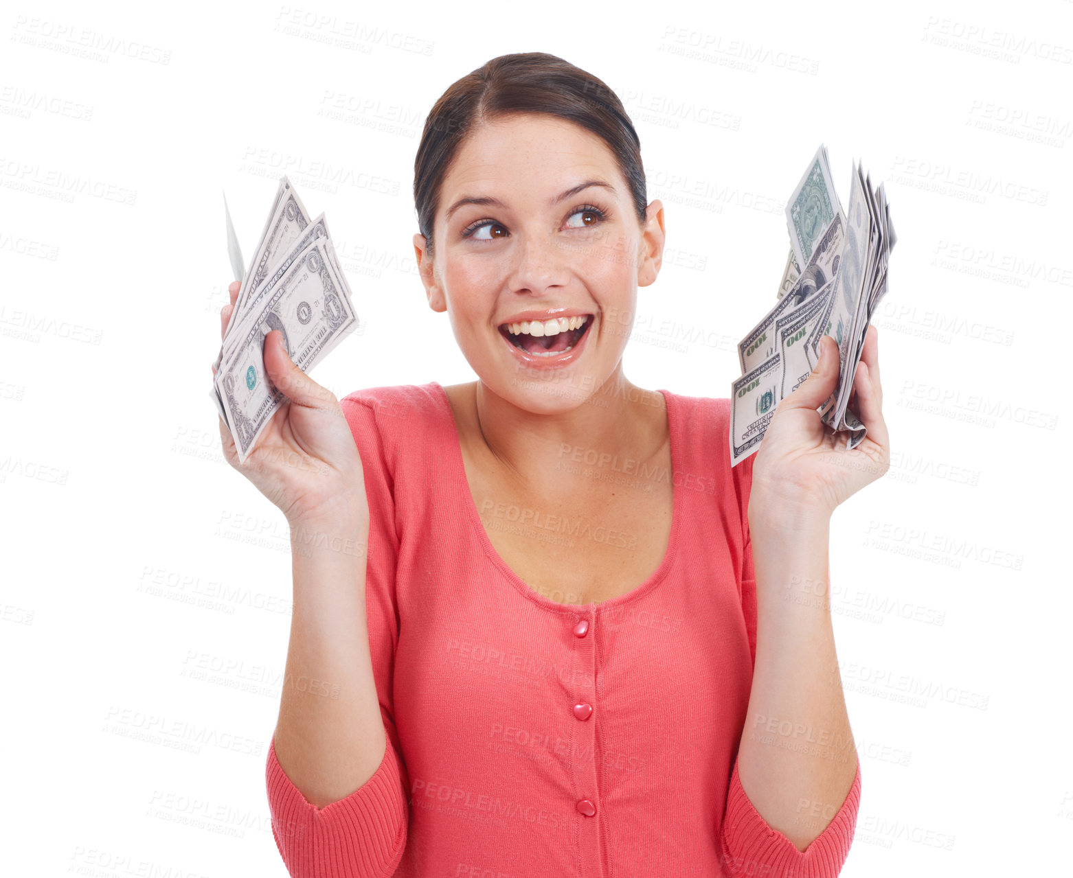 Buy stock photo Finance, happy and deal with woman and money for investment, success and growth. Cash, dollar and wow with face of girl customer isolated on white background for financial, sale and promotion