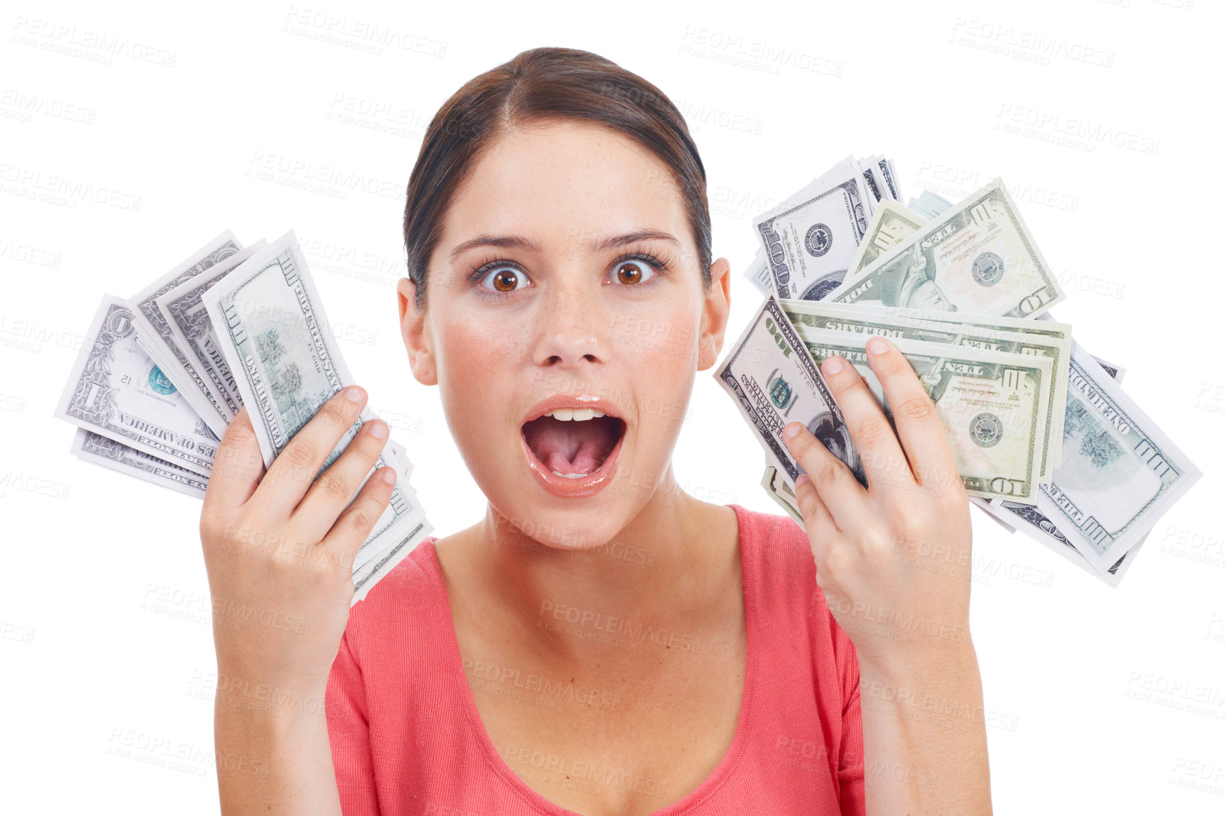 Buy stock photo Wow, money and winner with portrait of woman for investment, success and growth. Cash, dollar and finance with face of girl customer isolated on white background for financial, deal and promotion