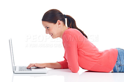 Buy stock photo Laptop, studio floor or happy woman reading funny meme, internet comic or typing website search for comedy video. Online shopping promo, e commerce sales or model profile isolated on white background