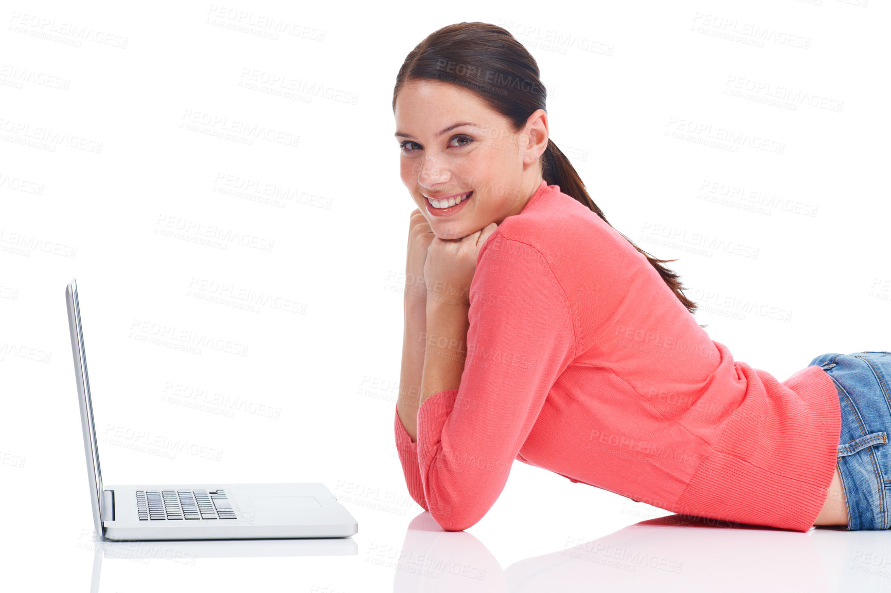 Buy stock photo Laptop, studio portrait and woman on floor doing internet, website or digital web search for research project. Online shopping sales, ecommerce girl and happy model smile isolated on white background