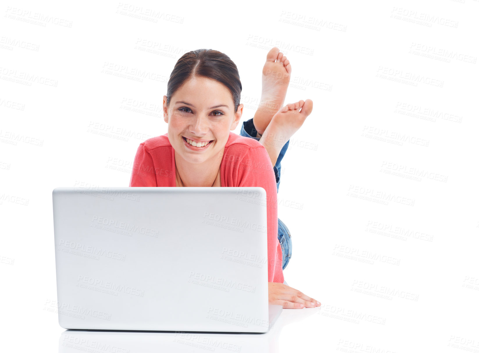 Buy stock photo Studio laptop, relax or woman portrait on floor doing internet, website or digital web search for research project. Online shopping sales, ecommerce mockup or happy model isolated on white background