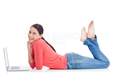 Buy stock photo Laptop, studio smile and woman portrait on floor doing internet, website or digital web search for research project. Online shopping sales, e commerce girl or happy model isolated on white background