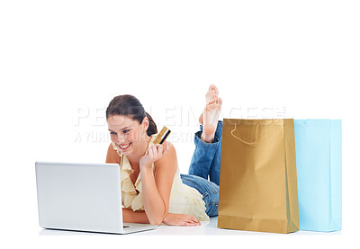 Buy stock photo Online shopping, floor laptop and woman with credit card for fintech bank payment, financial sales product or store website. Ecommerce, retail gift bag or studio customer isolated on white background