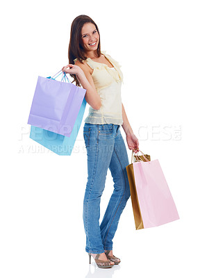 Buy stock photo Customer shopping bag, studio portrait or happy woman with retail sale product, discount fashion deal or mall store present. Commerce market, luxury designer gift or girl isolated on white background