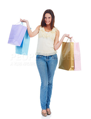 Buy stock photo Customer shopping bag, portrait or happy woman with retail sale product, discount fashion deal or mall store present. Commerce market, luxury designer gift or studio girl isolated on white background