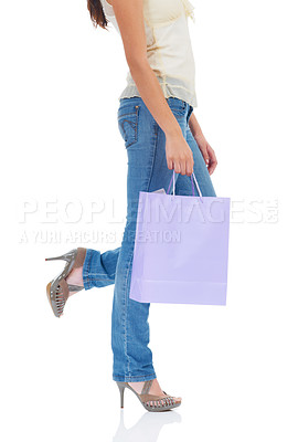 Buy stock photo Shopping bag, walking legs or woman with retail sale product, discount fashion deal or mall store present. Commerce market, luxury designer gift or studio customer isolated on mockup white background